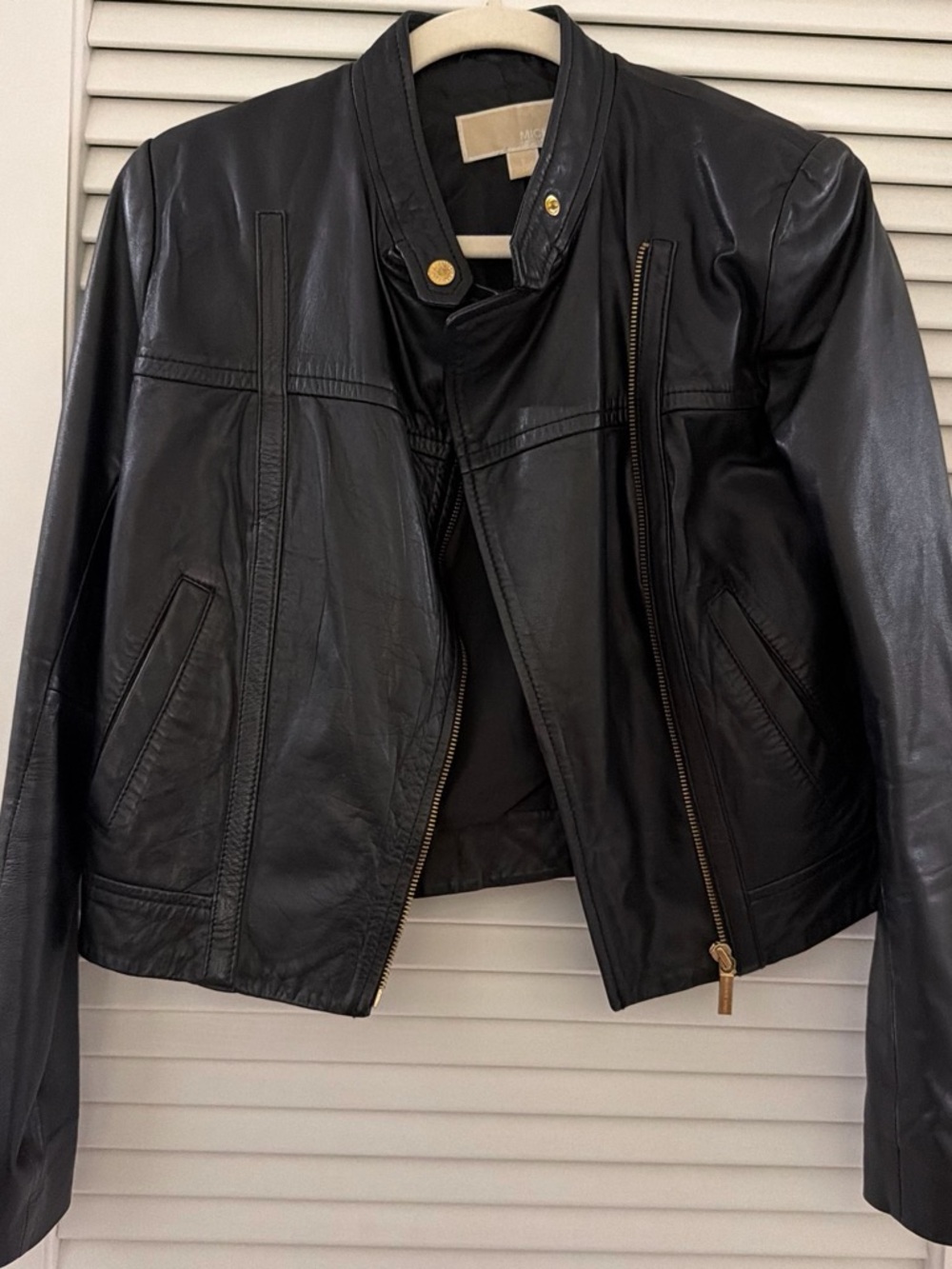 100% Genuine Leather Michael Kors Black Leather Zip-Front Motorcycle Jacket